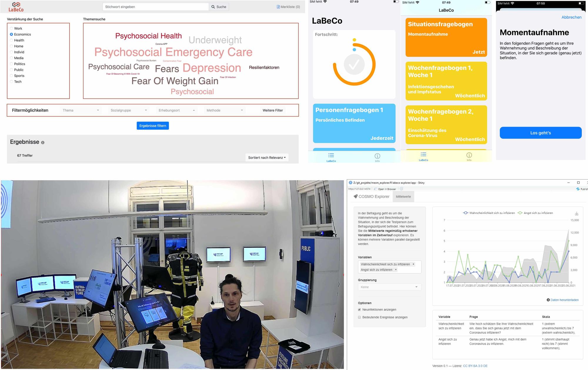 Corona-Pandemie Szenario im Zukunfstlabor Sicherheit (im Uhrzeigersinn: Screenshots App-basierten MESM-Studie, LaBeCo-Explorer, virtuelles Zukunftslabor und die CovFinder-Rechercheplattform)
