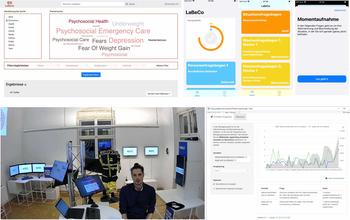 Corona-Pandemie Szenario im Zukunfstlabor Sicherheit (im Uhrzeigersinn: Screenshots App-basierten MESM-Studie, LaBeCo-Explorer, virtuelles Zukunftslabor und die CovFinder-Rechercheplattform)